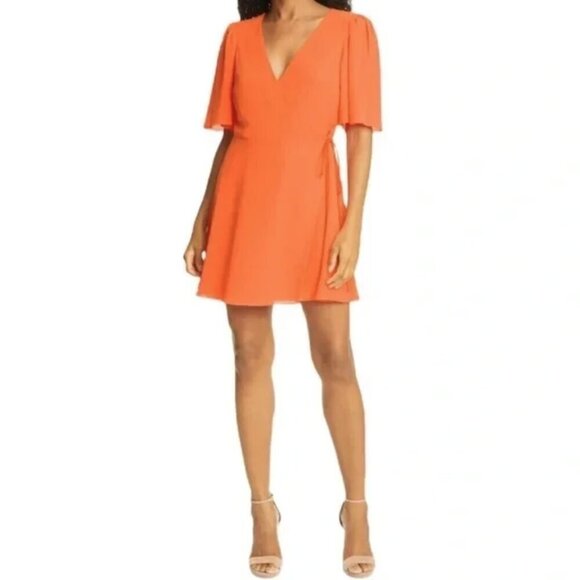 Alice + Olivia | NWT Sandra Wrap Dress Mini Flutter Sleeve Monarch Orange Size 8 - Picture 2 of 12